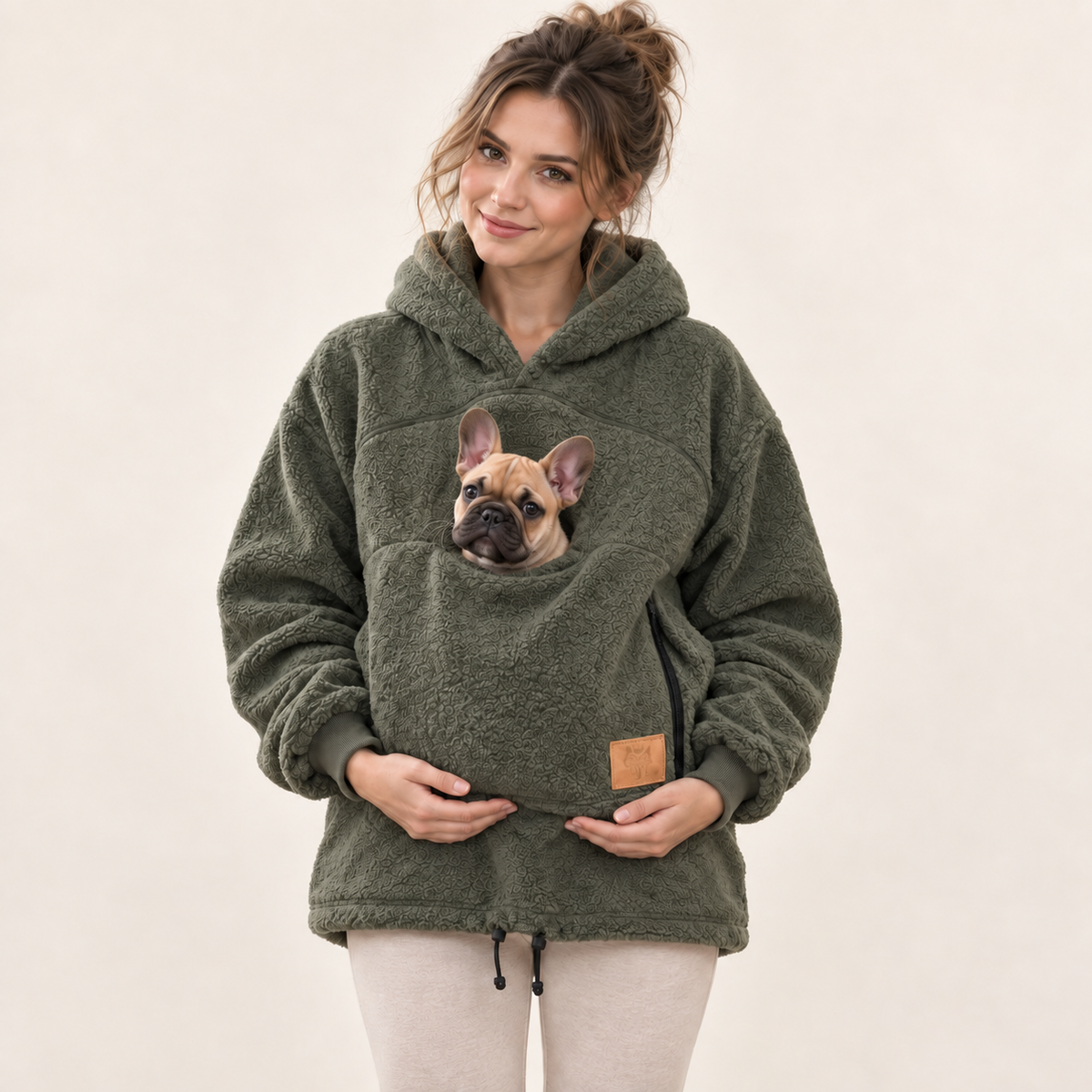 Woman wearing army green pet pouch hoodie with a French bulldog puppy