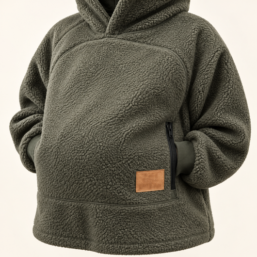 Fleece texture and pouch zipper detail