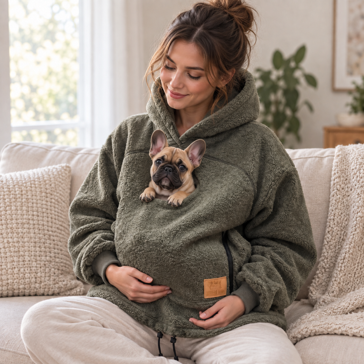 Woman wearing olive pet pouch hoodie with a French bulldog puppy on a couch