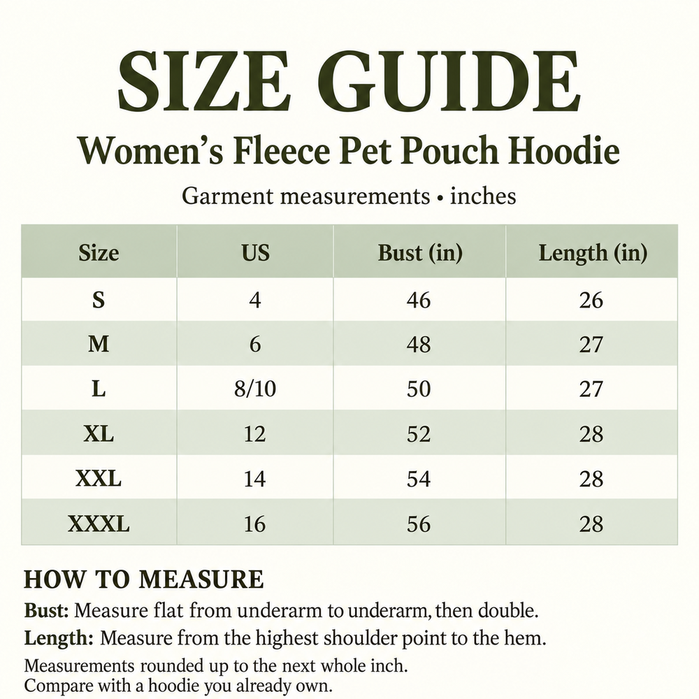 Size guide S–XXXL, bust and length rounded up to whole inches