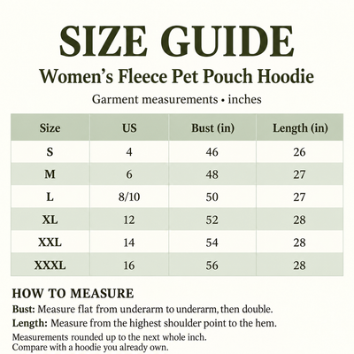Size guide S–XXXL, bust and length rounded up to whole inches