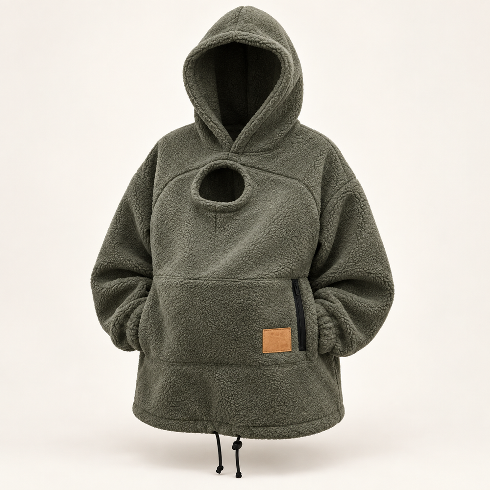 Olive fleece pet pouch hoodie — studio view