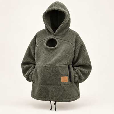 Olive fleece pet pouch hoodie — studio view
