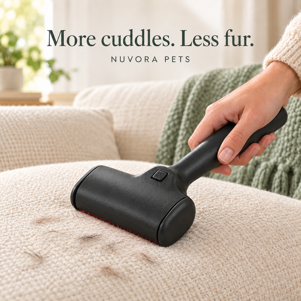 Pet hair remover used on a cream sofa