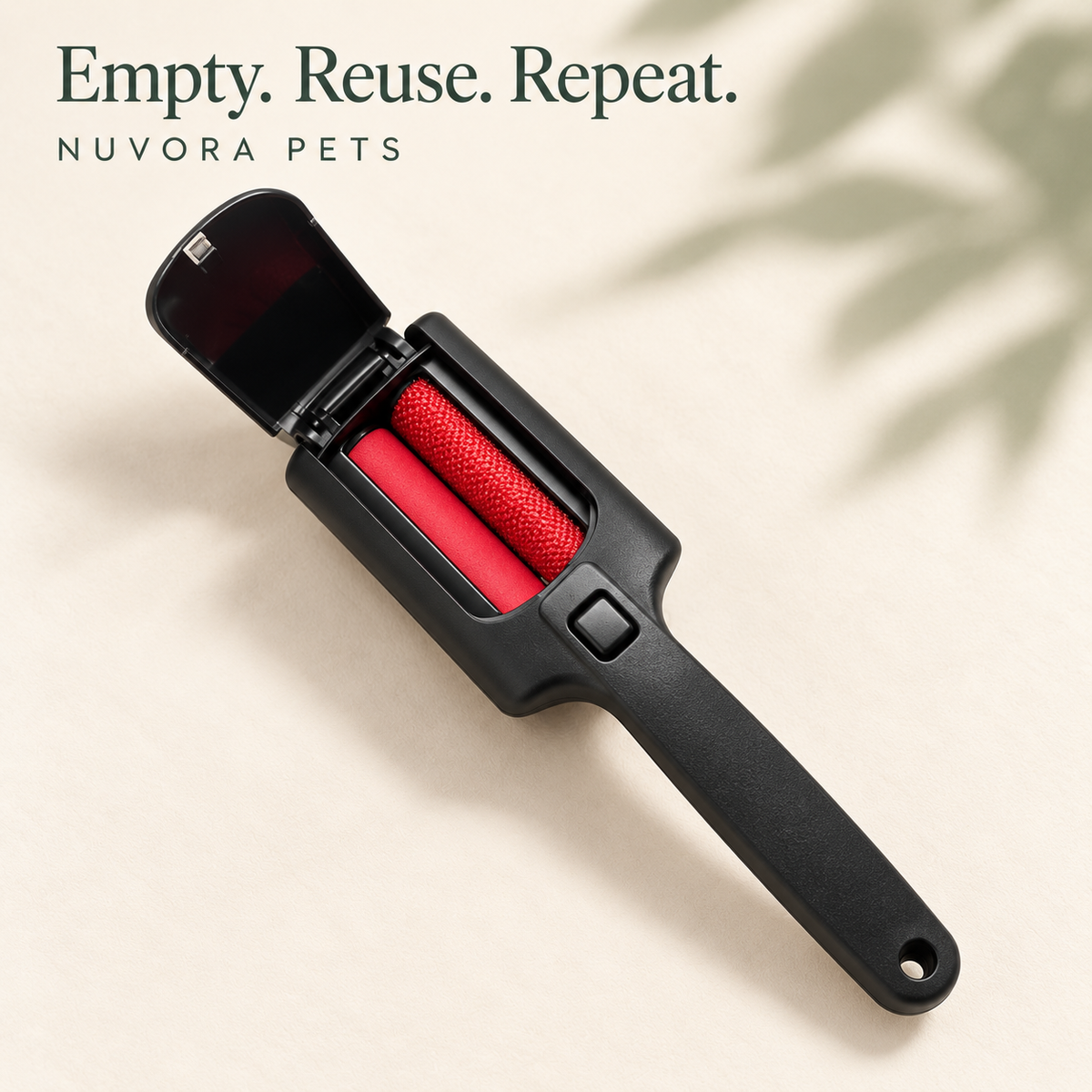 Reusable pet hair remover with collection compartment open