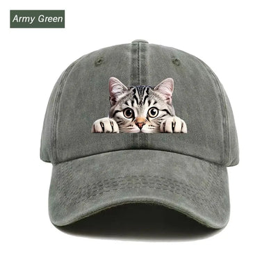 Peeking Cat Washed Baseball Cap — Army Green