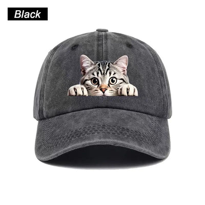 Peeking Cat Washed Baseball Cap — Black