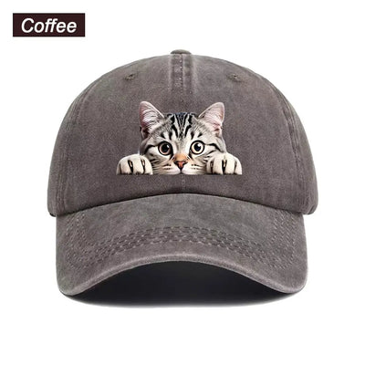 Peeking Cat Washed Baseball Cap — Coffee Brown
