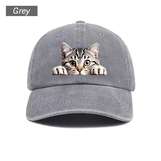 Peeking Cat Washed Baseball Cap — Gray