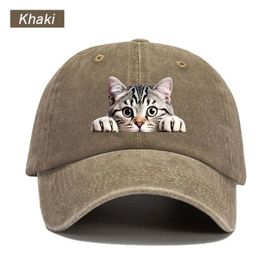 Peeking Cat Washed Baseball Cap — Khaki