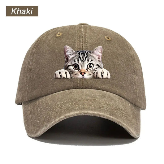 Peeking Cat Washed Baseball Cap — Khaki