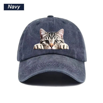 Peeking Cat Washed Baseball Cap — Navy Blue