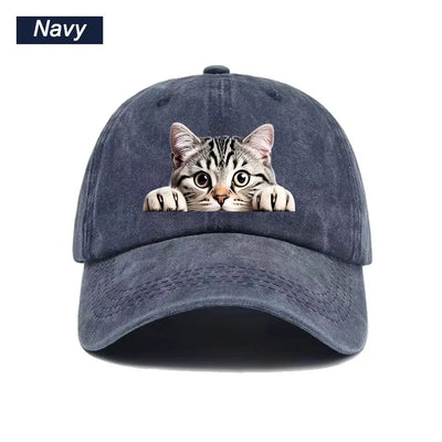 Peeking Cat Washed Baseball Cap — Navy Blue