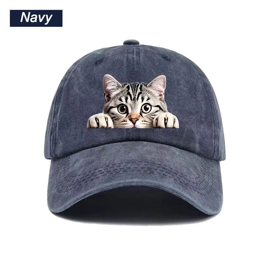 Peeking Cat Washed Baseball Cap — Navy Blue