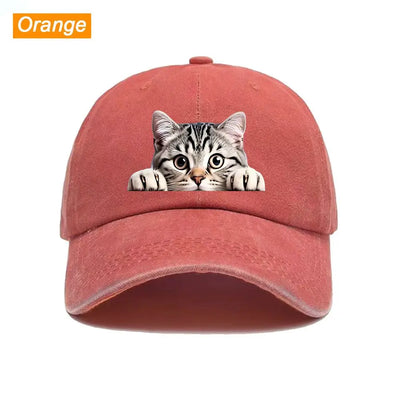 Peeking Cat Washed Baseball Cap — Orange