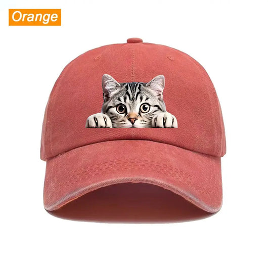 Peeking Cat Washed Baseball Cap — Orange