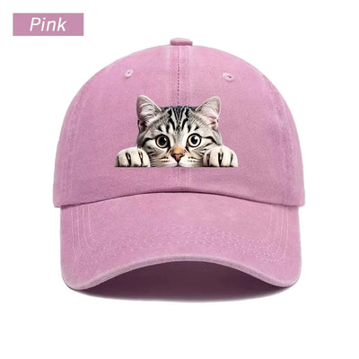 Peeking Cat Washed Baseball Cap — Pink