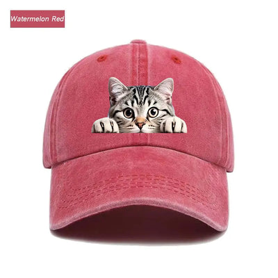 Peeking Cat Washed Baseball Cap — Watermelon Red