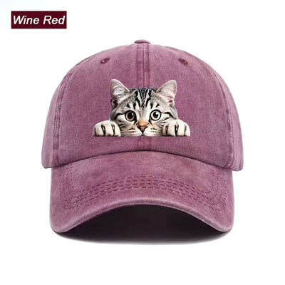 Peeking Cat Washed Baseball Cap — Wine Red