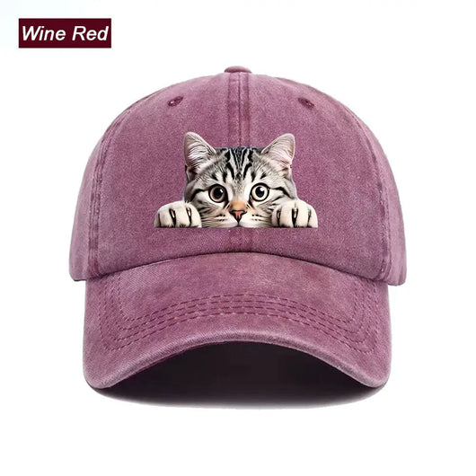 Peeking Cat Washed Baseball Cap — Wine Red